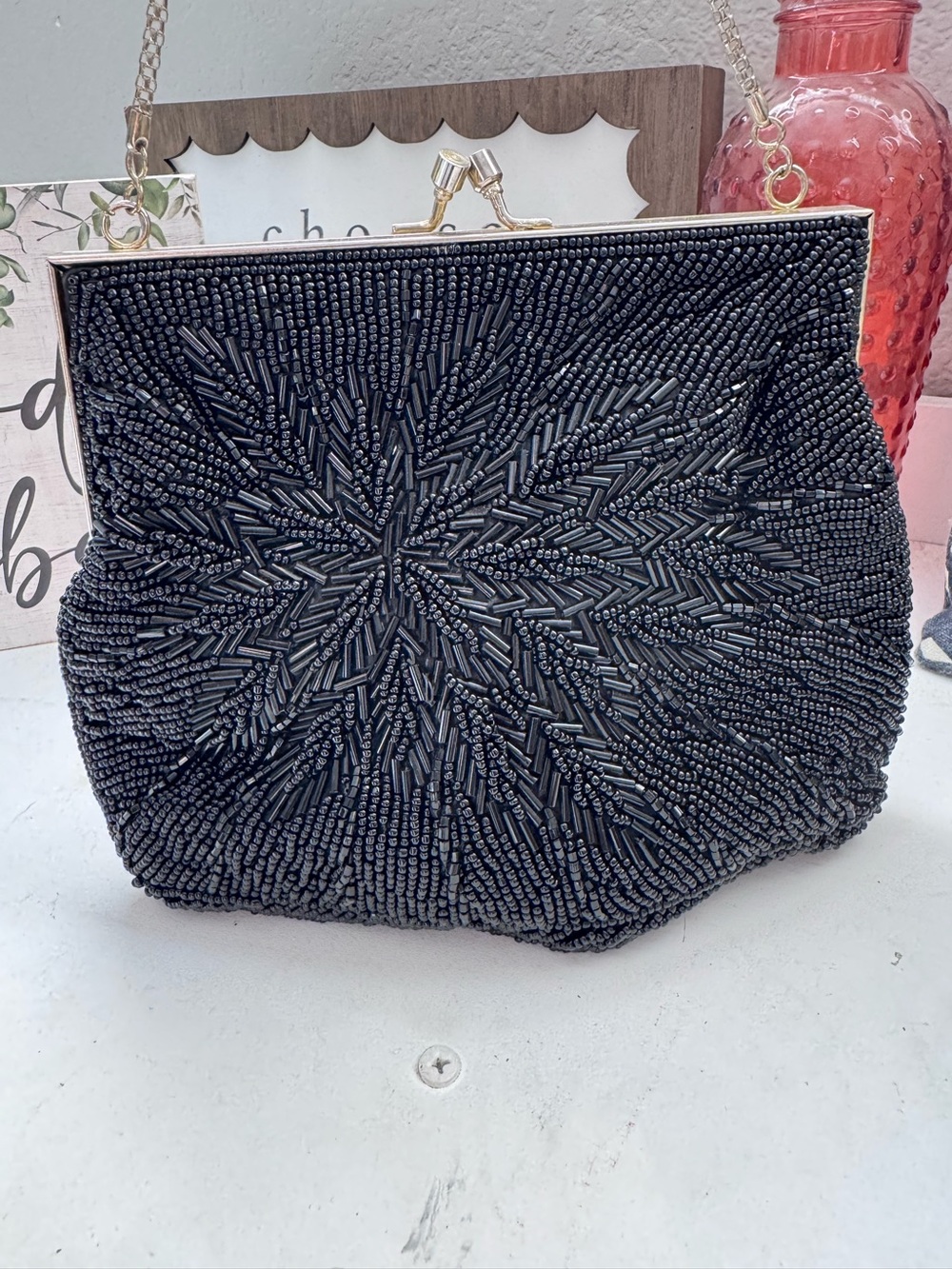 Black beaded evening vintage clutch purse